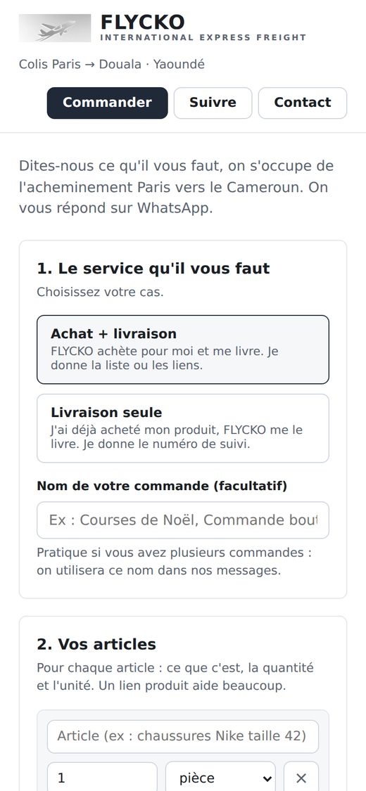 Page de commande Flycko sur mobile